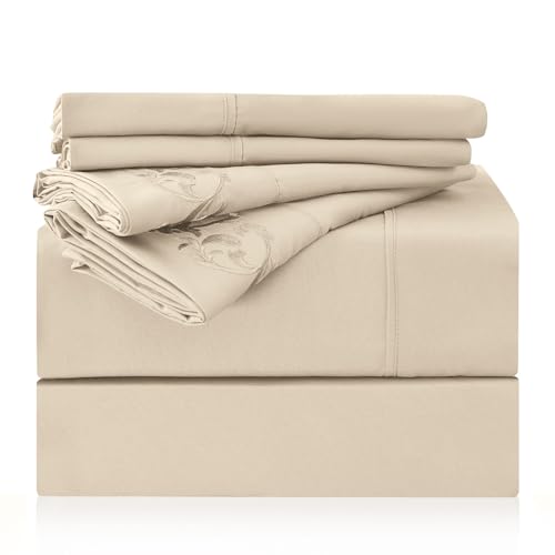 LONAVA Queen Size Sheet Set 6 Piece Hotel Luxury WrinkleFree Microfiber Sheet OekoTEX Certified Breathable Elastic 16 Deep Pockets Beige