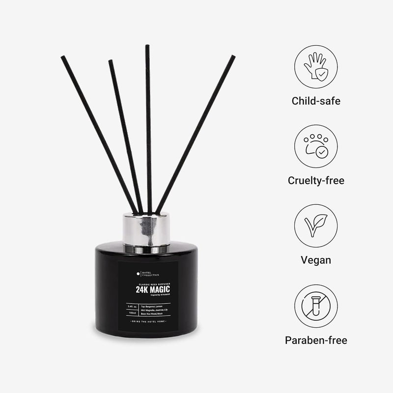 أروما 360  مجموعة الفندق - 24K ماجيك - طقم ناشر قصب - علاج عطري فاخر - ليمون، برغموت، تين أسود، خشب الأرز، عنبر، مسك وخشب أشقر - ناشرات الزيوت العطرية - ديكور رف - 100 مل/3.5 أونصة سائلة - Image 2