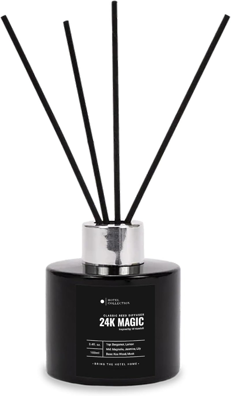 أروما 360  مجموعة الفندق - 24K ماجيك - طقم ناشر قصب - علاج عطري فاخر - ليمون، برغموت، تين أسود، خشب الأرز، عنبر، مسك وخشب أشقر - ناشرات الزيوت العطرية - ديكور رف - 100 مل/3.5 أونصة سائلة - Image 1