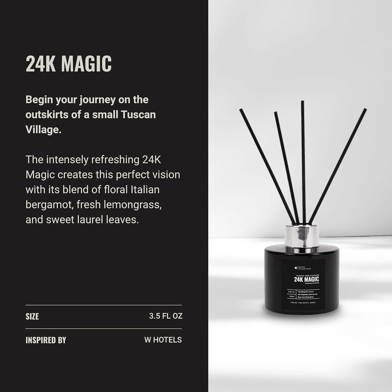 أروما 360  مجموعة الفندق - 24K ماجيك - طقم ناشر قصب - علاج عطري فاخر - ليمون، برغموت، تين أسود، خشب الأرز، عنبر، مسك وخشب أشقر - ناشرات الزيوت العطرية - ديكور رف - 100 مل/3.5 أونصة سائلة - Image 3