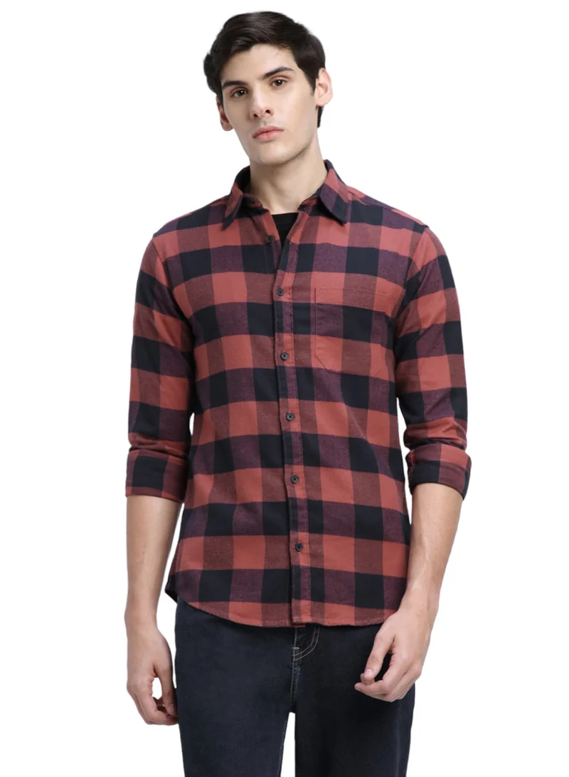 دينيس لينغو Relaxed Fit Orange Shirt For Men 100% Cotton Checks Spread Collar Full Sleeves Casual Look