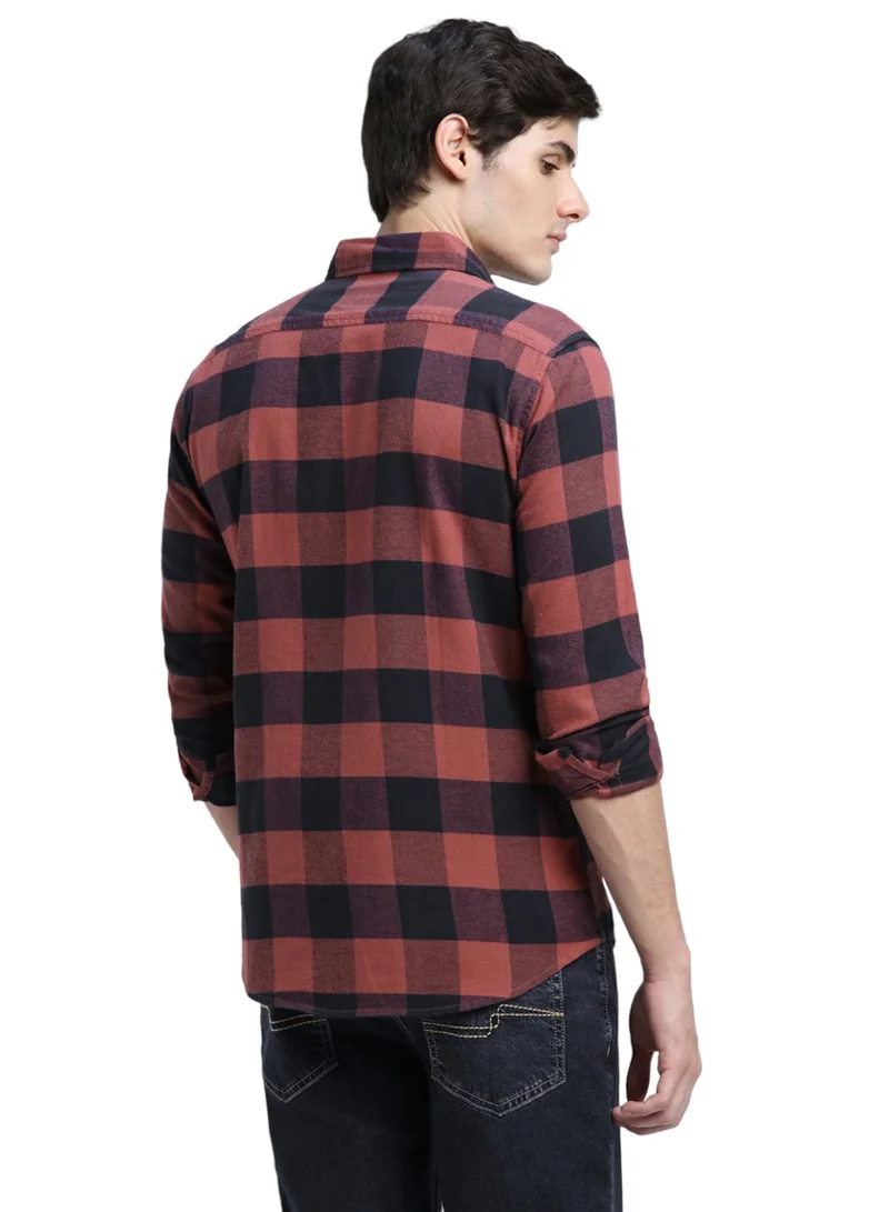 دينيس لينغو Relaxed Fit Orange Shirt For Men 100% Cotton Checks Spread Collar Full Sleeves Casual Look