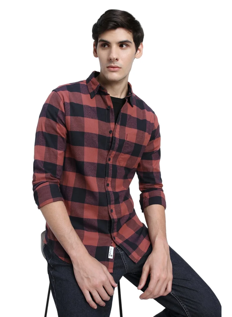 دينيس لينغو Relaxed Fit Orange Shirt For Men 100% Cotton Checks Spread Collar Full Sleeves Casual Look