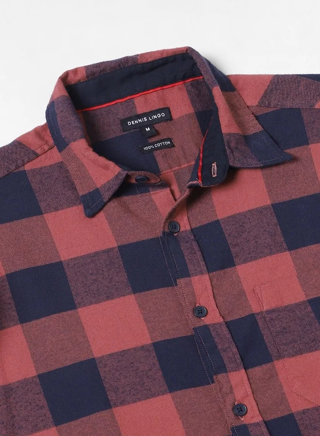 دينيس لينغو Relaxed Fit Orange Shirt For Men 100% Cotton Checks Spread Collar Full Sleeves Casual Look