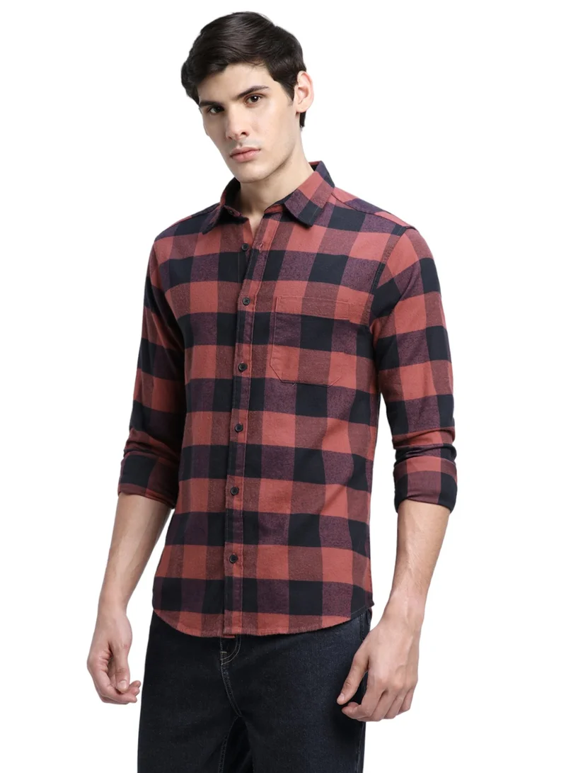 دينيس لينغو Relaxed Fit Orange Shirt For Men 100% Cotton Checks Spread Collar Full Sleeves Casual Look