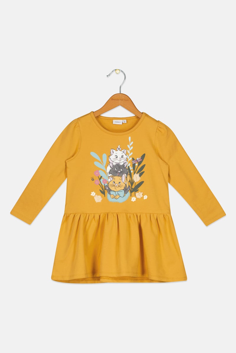 NAME IT Toddlers Girl Graphic Print Long Sleeves Dress, Mustard - Image 1