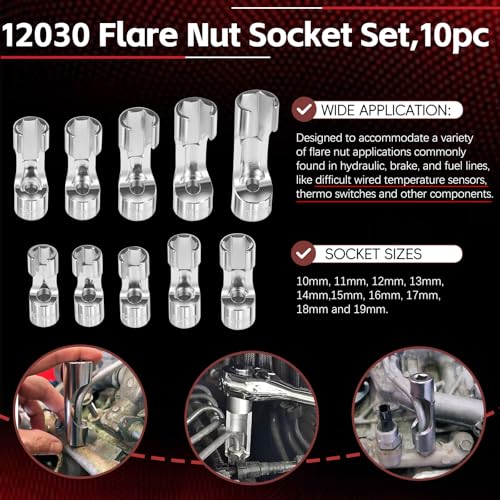 Sunluway 12030 Flare Nut Socket Set 10pc 1019 mm 38 Drive Diesel Injector Fuel Line Socket Wrench Set for Fastener on Wired Temperature Sensors Thermo Switches ABS Tube Master Cylinder Coolant etc - Image 3