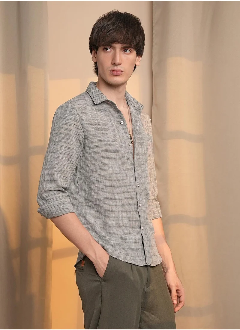 Campus Sutra Men's Ash Grey Micro-Tartan Plaid Shirt