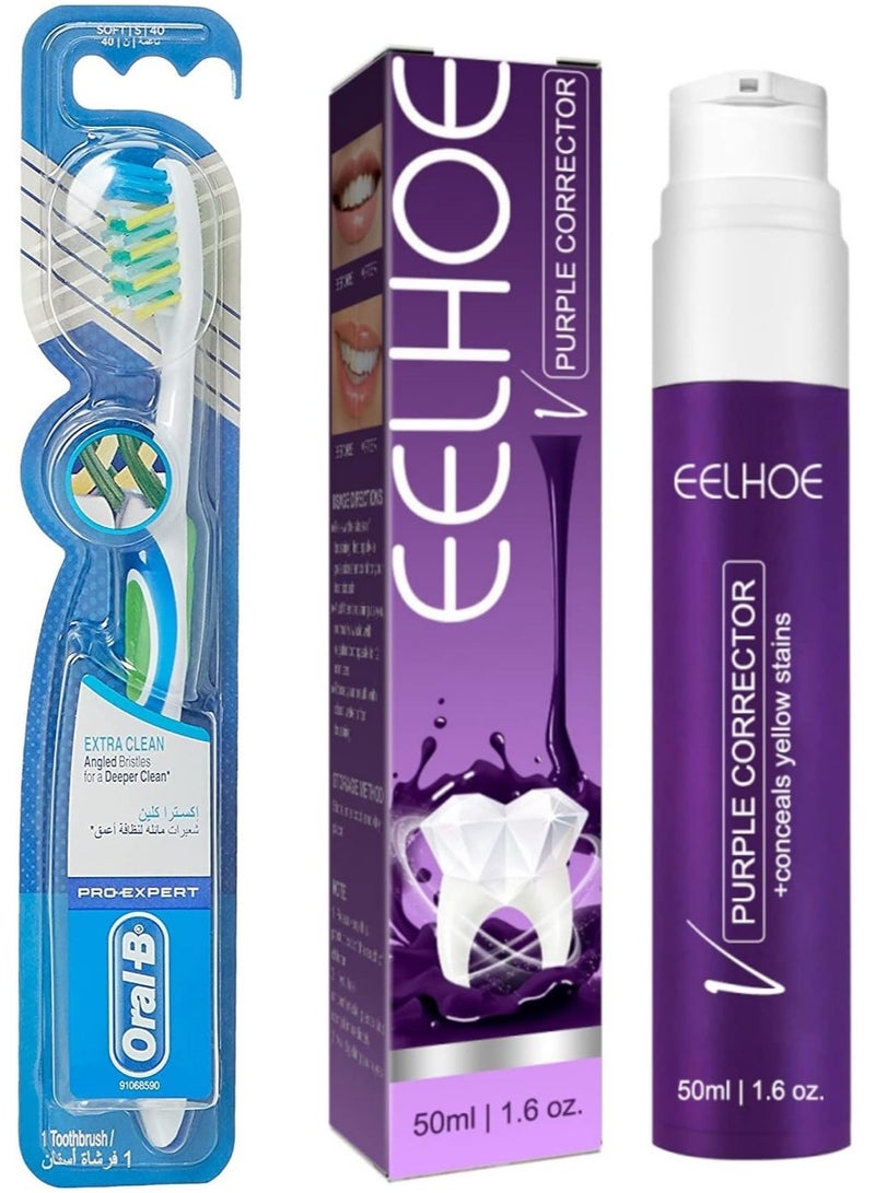 Eelhoe Whitening Color Correcting Toothpaste 50ml with Oral-B Extra Clean Pro Expert Soft 40 Toothbrush Multicolour - Image 1