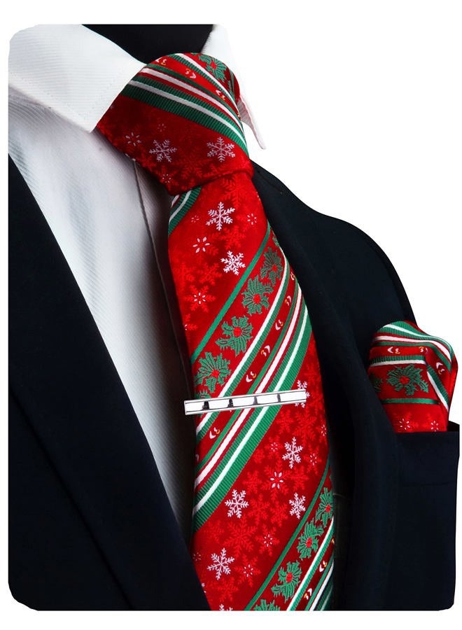 GUSLESON 3.15"（8cm） Christmas Tie Festival Necktie Pocket Square and Tie Clip Set with Gift Box, A-red/White/Green, L - Image 1