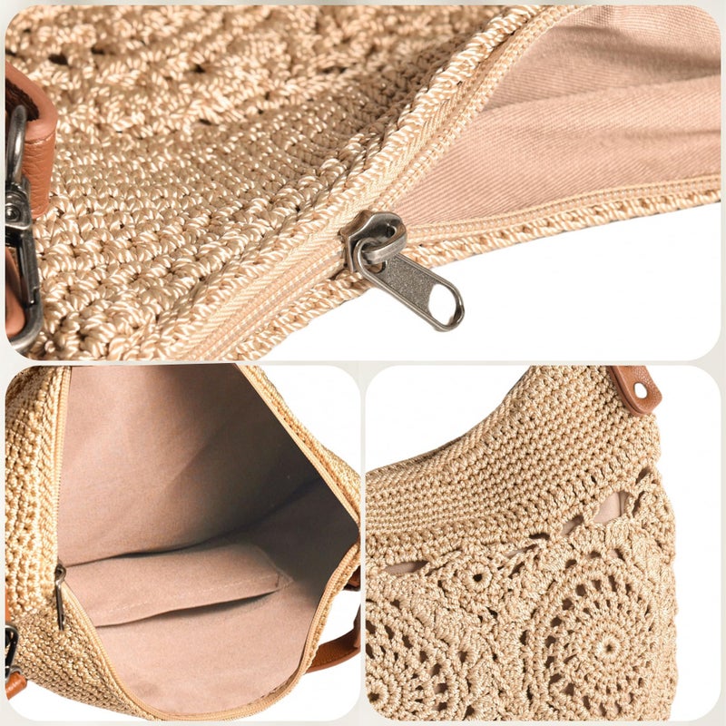Eiyye Hobo Purse Crochet Crossbody Bag for Women Handmade Boho Macram Large Tote Bag for Summer Beach Travel & Everyday Use (Khaki) - Image 5