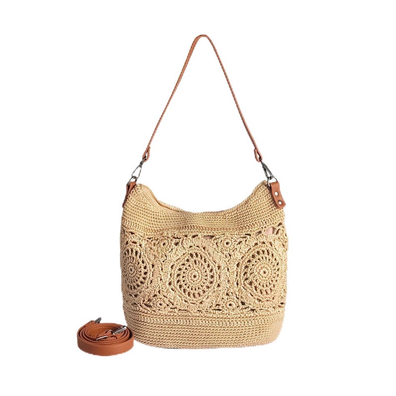 Eiyye Hobo Purse Crochet Crossbody Bag for Women Handmade Boho Macram Large Tote Bag for Summer Beach Travel & Everyday Use (Khaki) - Image 1