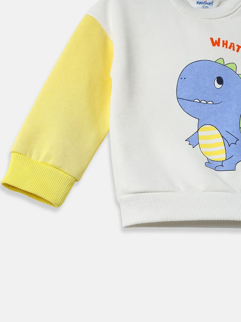 Nautinati Snow White Nautinati Fleece Dinosaur Print Full Sleeve Sweatshirt for Infants Newborn Baby Boys  | Best Price UAE