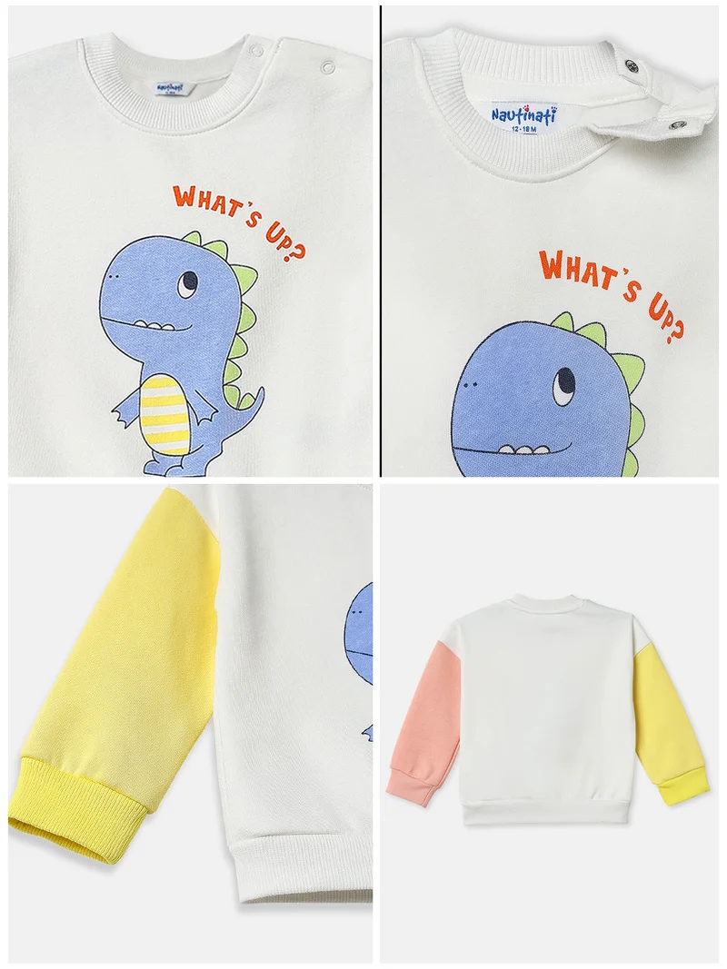 Nautinati Snow White Nautinati Fleece Dinosaur Print Full Sleeve Sweatshirt for Infants Newborn Baby Boys  | Best Price UAE