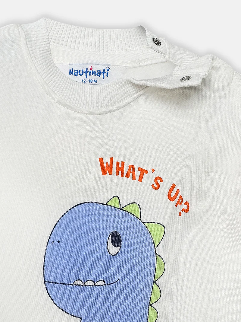 Nautinati Snow White Nautinati Fleece Dinosaur Print Full Sleeve Sweatshirt for Infants Newborn Baby Boys  | Best Price UAE