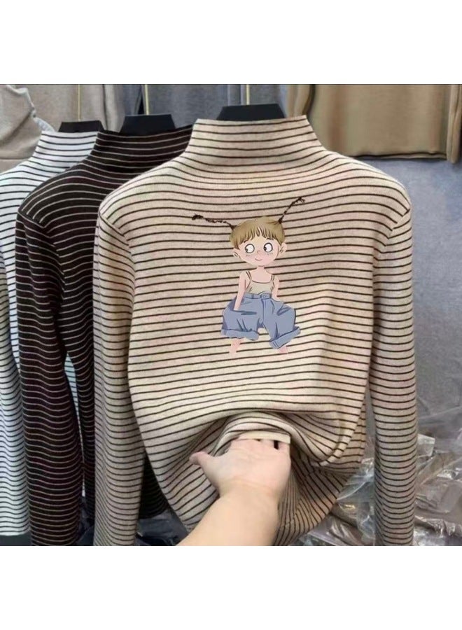 Boys And Girls' Thermal Base Layer Shirts, Spring And Autumn, Big Kids' Half-high Collar Long-sleeve T-shirts, Stylish Striped Warm Tops