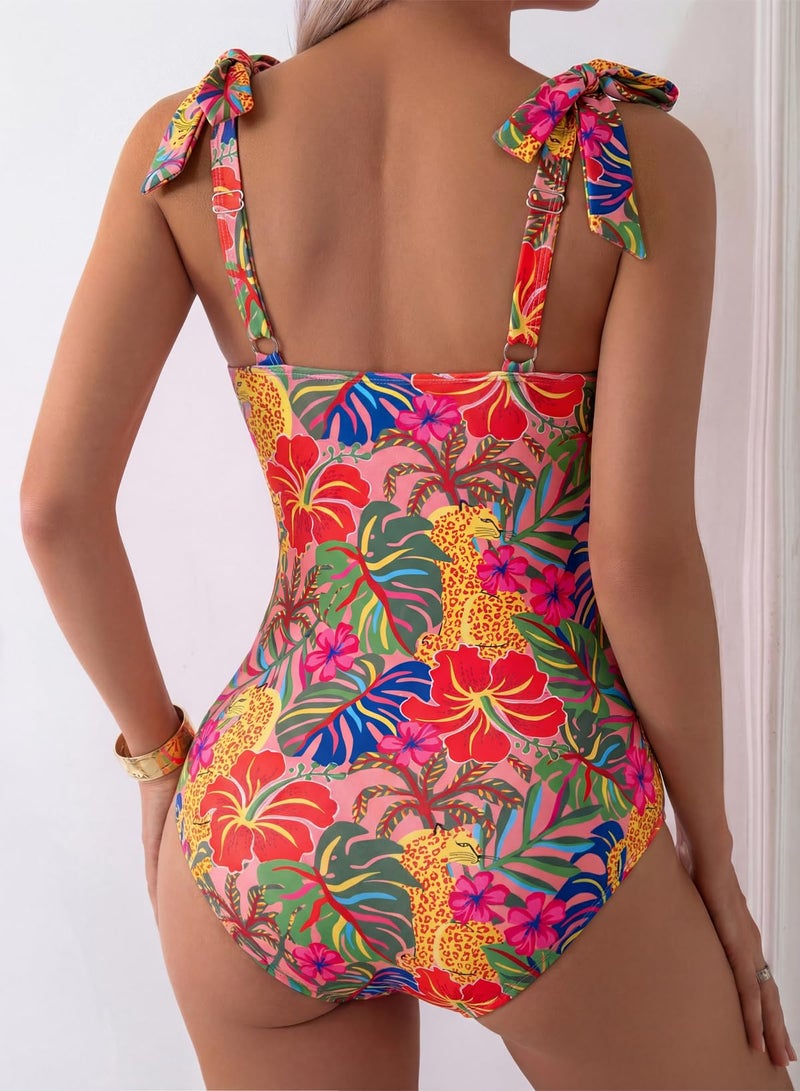 Aleumdr 2026 Trendy Tummy Control One Piece Swimsuit Swimming Suit for Women Print Floral Athletic Bathing Suits V Neck Adjustable Straps Swimwear Red Printed Medium - Image 3