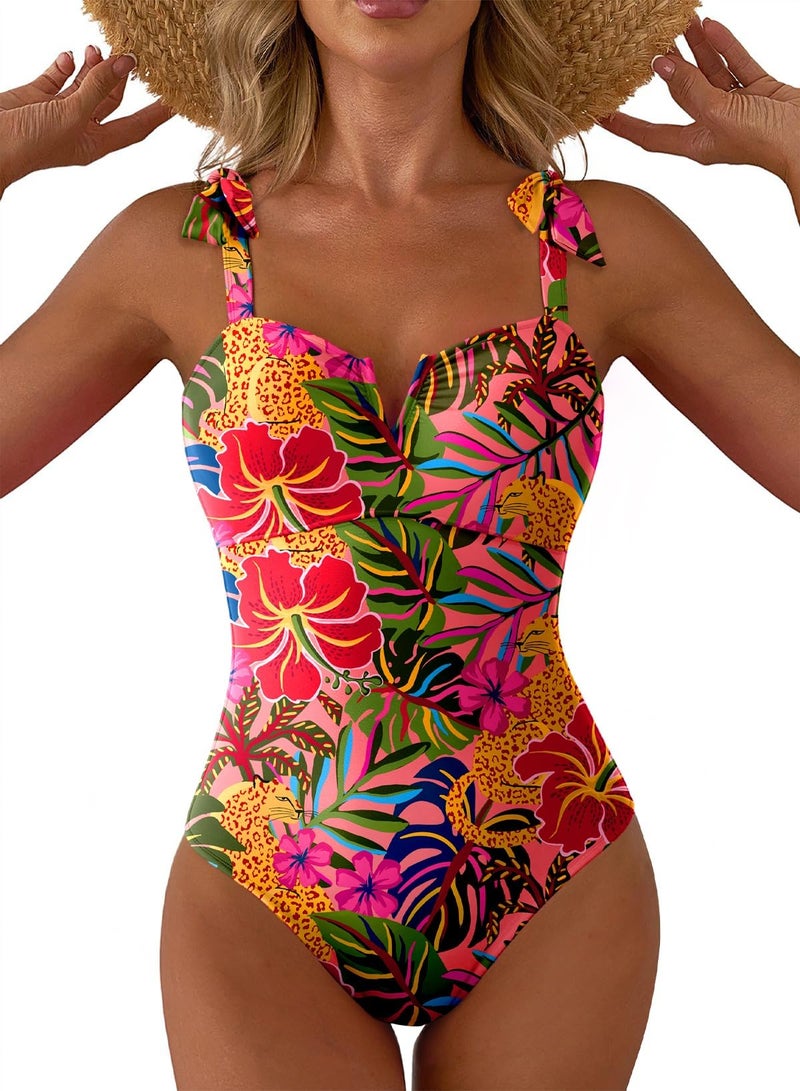 Aleumdr 2026 Trendy Tummy Control One Piece Swimsuit Swimming Suit for Women Print Floral Athletic Bathing Suits V Neck Adjustable Straps Swimwear Red Printed Medium - Image 1