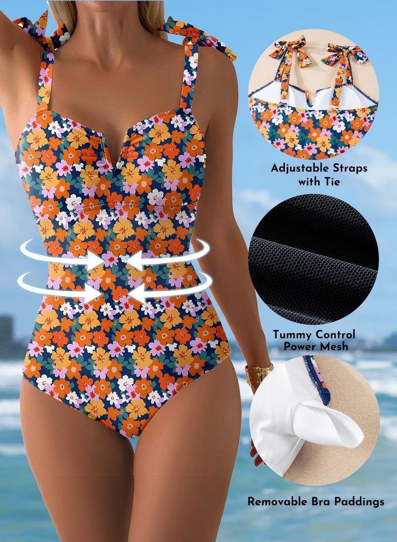 Aleumdr 2026 Trendy Tummy Control One Piece Swimsuit Swimming Suit for Women Print Floral Athletic Bathing Suits V Neck Adjustable Straps Swimwear Red Printed Medium - Image 5