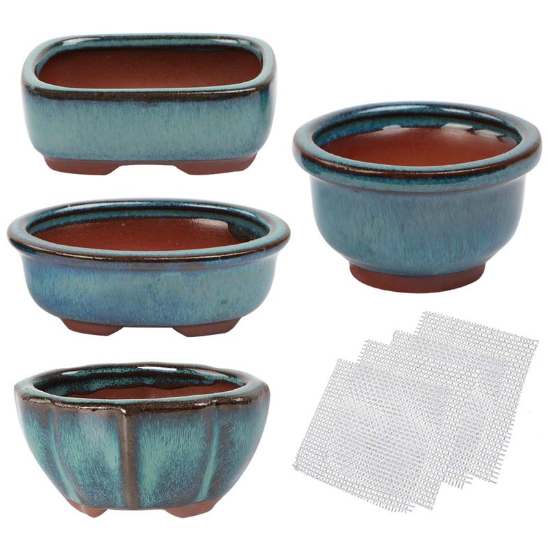 kilofly kilofly Happy Bonsai Mini Glazed Pots Value Set of 4 with 4 Soft Mesh Drainage Screens 
