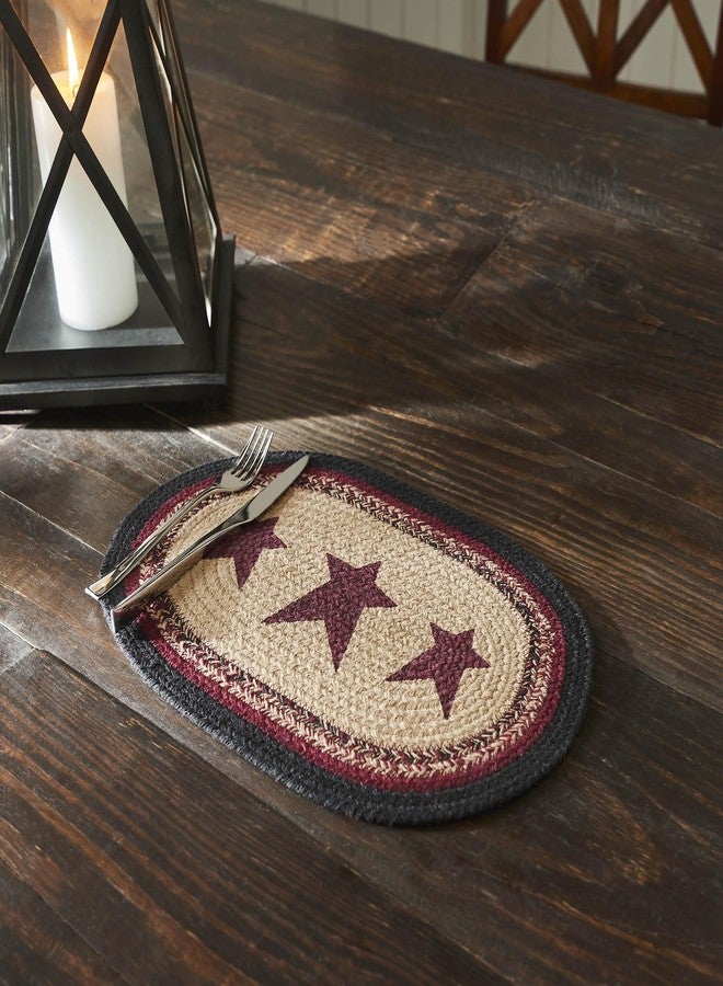 VHC Brands Braided Cotton Placemat 10x15, Cotton Dining Room, Kitchen Placemat, Dining Table Placemats, Woven Place Mat, Stenciled, Connell Collection, Oval 10x15, Stars, Burgundy - Image 1