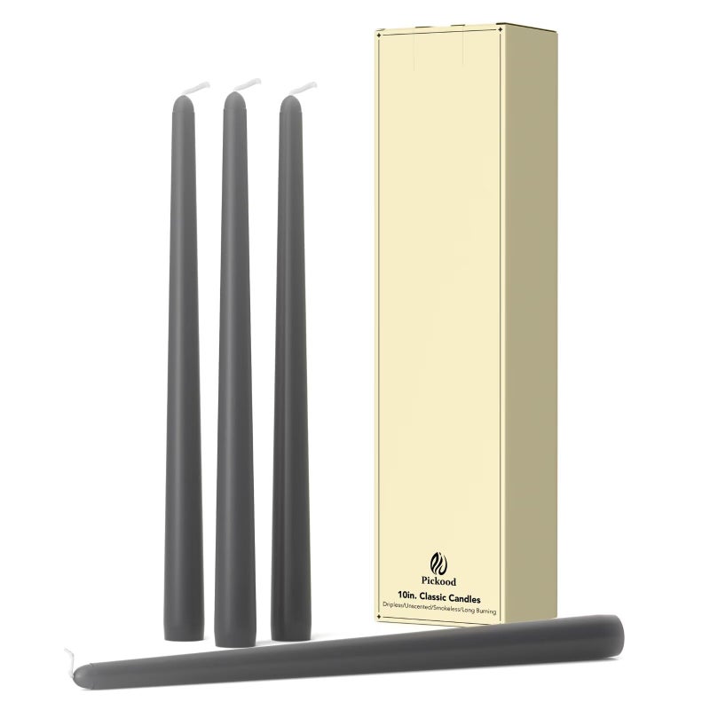 Pickood - Set of 4 Dripless Taper Candles 10 Inch Tall, Black and Grey, Perfect for Spring, Unscented, Smokeless, Long Burning, Hand Poured - Image 1
