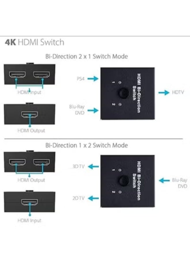 محول HDMI - 2 منفذ ثنائي الاتجاه بزر يدوي – 2 مدخل 1 مخرج أو مقسم 1 مدخل 2 مخرج – يدعم دقة 1080p و2K و4K - Image 3