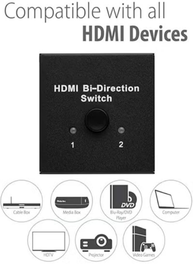 محول HDMI - 2 منفذ ثنائي الاتجاه بزر يدوي – 2 مدخل 1 مخرج أو مقسم 1 مدخل 2 مخرج – يدعم دقة 1080p و2K و4K - Image 2