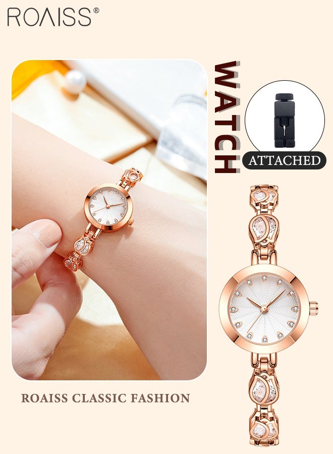 رويس ساعة يد أنيقة مقاومة للماء بسوار من الفولاذ للنساء، كوارتز، شاشة عرض تناظرية، ميناء دائري، مزينة بأحجار الراين، مع سوار على شكل زهور، هدية للسيدات - Image 1