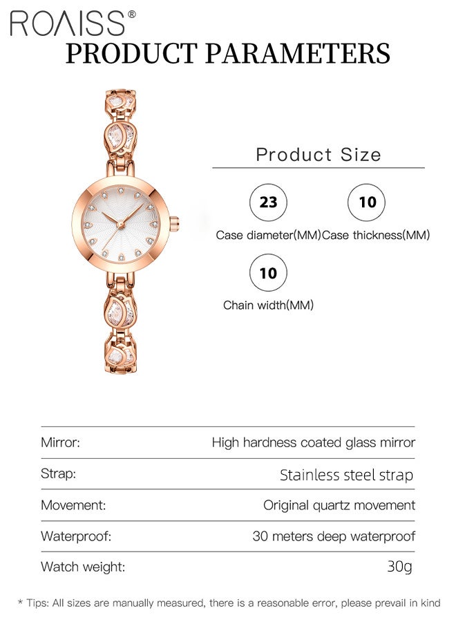 رويس ساعة يد أنيقة مقاومة للماء بسوار من الفولاذ للنساء، كوارتز، شاشة عرض تناظرية، ميناء دائري، مزينة بأحجار الراين، مع سوار على شكل زهور، هدية للسيدات - Image 3