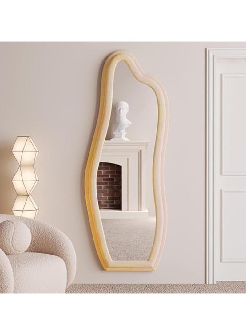 Vparty 60x160cm Full-Length Wavy Arched Floor Mirror with Flannel-Wrapped Wooden Frame, HD Imaging, Explosion-Proof Glass, Non-Slip Back, Stylish and Durable Full Body Mirror for Bedroom, Living Room, Hallway, and Dressing Room (Beige)  - Image 3