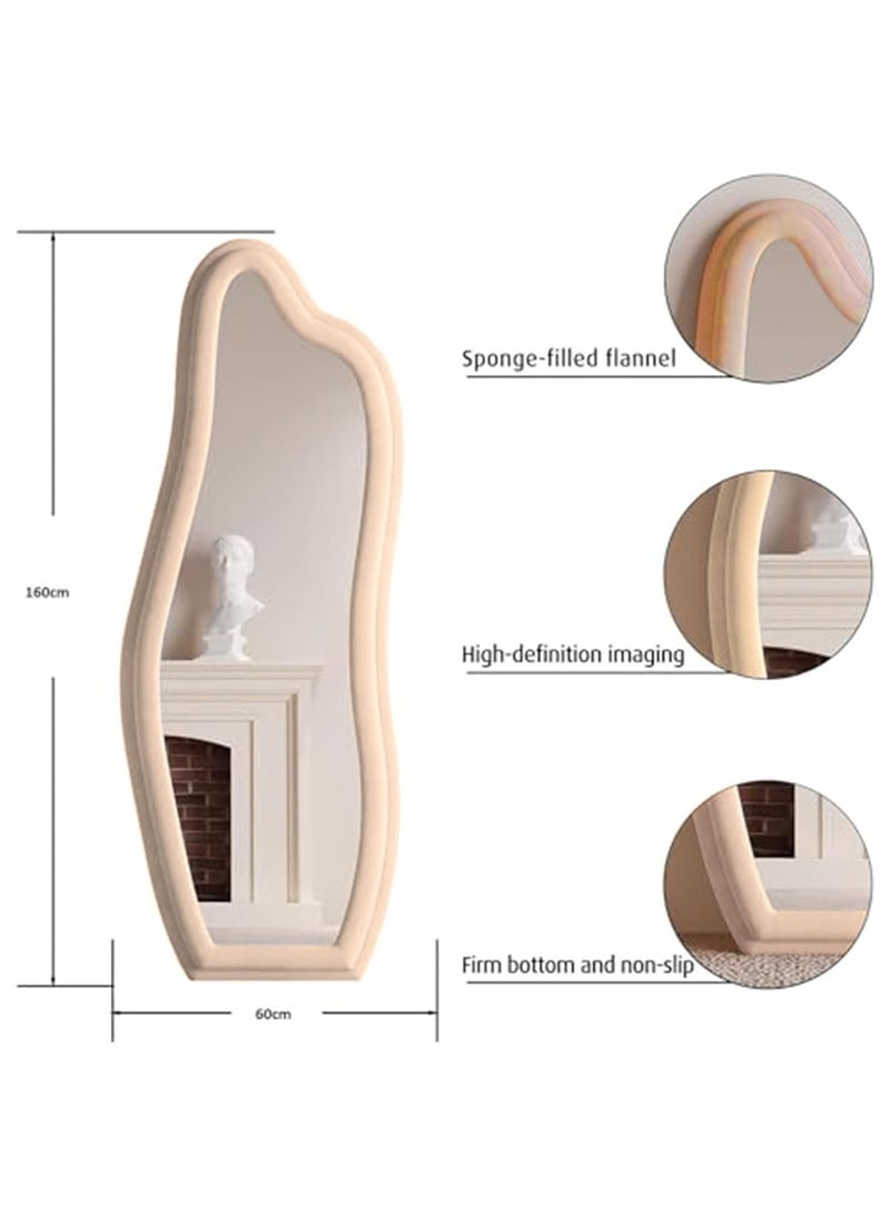 Vparty 60x160cm Full-Length Wavy Arched Floor Mirror with Flannel-Wrapped Wooden Frame, HD Imaging, Explosion-Proof Glass, Non-Slip Back, Stylish and Durable Full Body Mirror for Bedroom, Living Room, Hallway, and Dressing Room (Beige)  - Image 5