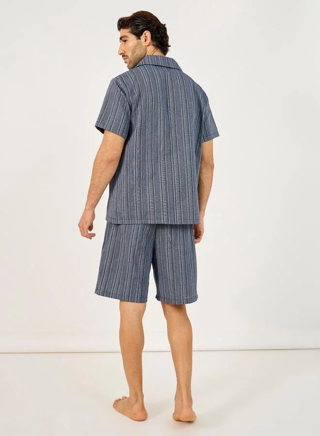 Styli Striped Short Sleeve Button Up Shirt and Shorts Pyjama Set