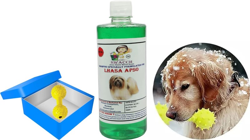 swacch Lhasa Apso Dog Shampoo + Dumbbell Toy I Durable Rubber Dog Toy for Chewing I Playing,Teeth Cleaning & Training Toy I Combo Pack I 500ml Neem Alovera - Image 1