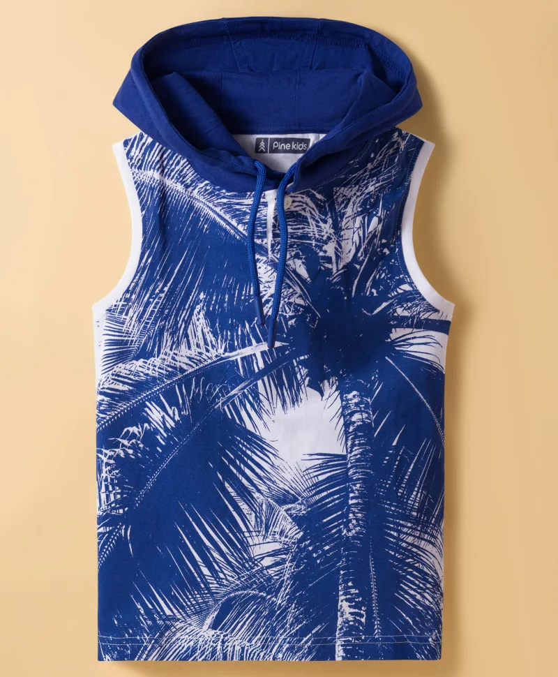 Pine Kids Pine Kids Cotton Knit Sleeveless Hooded T-Shirt with Coconut Tree Print - White/Blue