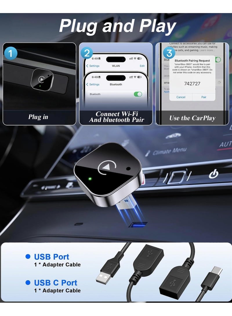 KADRAMA Mini Wireless CarPlay Adapter and Android Automatic Update by 2025, CarPlay Dongle 2-in-1 Converts Cables to Wireless, Wireless CarPlay Adapter Plug and Play USB/USB-C Port , Easy Use Fast Stable Connection (Black) - Image 5
