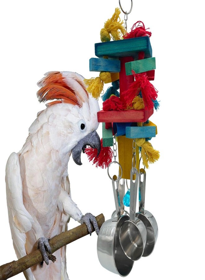 GILYGI Large Bird Blocks and Knots Tearing Toys, Multicolored Natural Wooden Blocks and Cotton Knots with Stainless Steel Cup Toys for Extra Large Parrots Macaw African Grey Amazon Cockatoo Eclectus - Image 1
