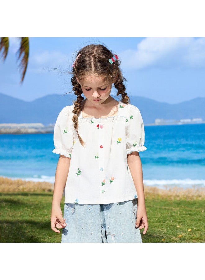 Ask Junior Children's Short-sleeve Shirt, Summer Puff Sleeve Blouse, Big Kids Ruffle Edge Embroidered Top For Girls, White, Size 110 - Image 5