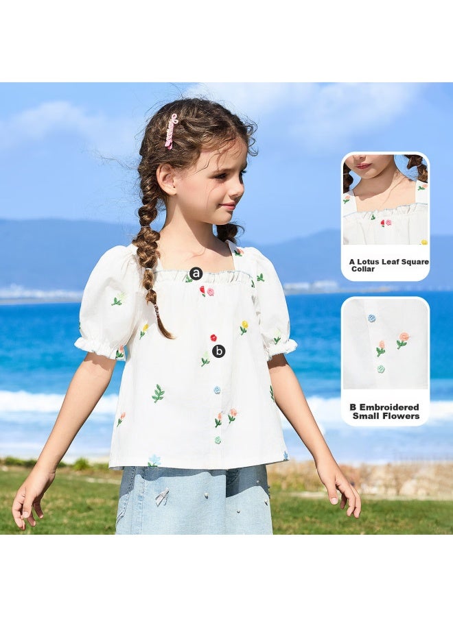 Ask Junior Children's Short-sleeve Shirt, Summer Puff Sleeve Blouse, Big Kids Ruffle Edge Embroidered Top For Girls, White, Size 110 - Image 3
