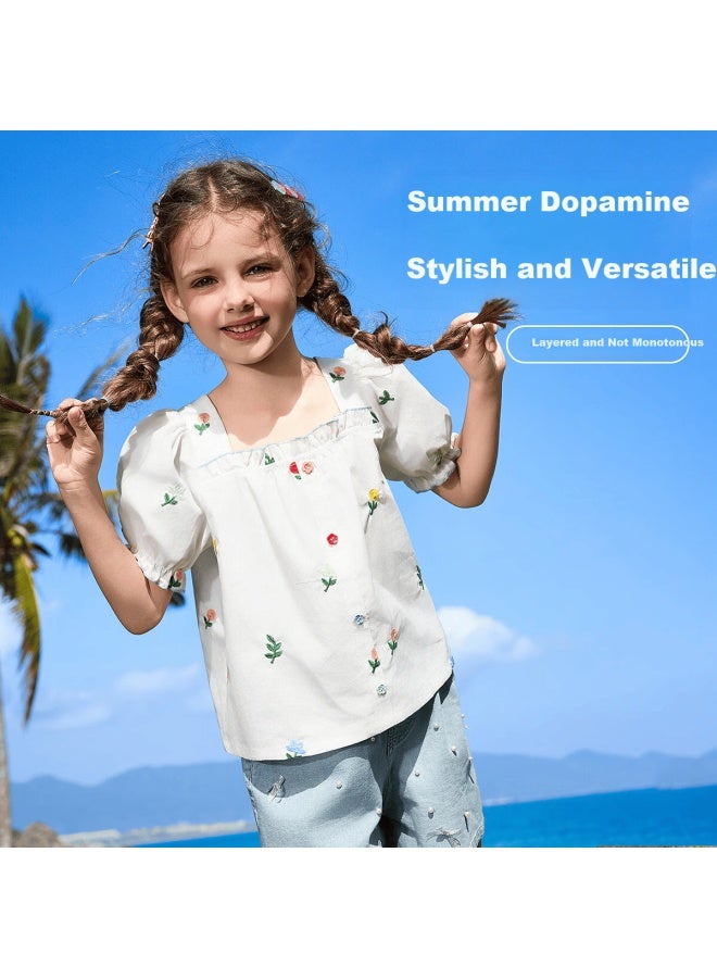 Ask Junior Children's Short-sleeve Shirt, Summer Puff Sleeve Blouse, Big Kids Ruffle Edge Embroidered Top For Girls, White, Size 110 - Image 1