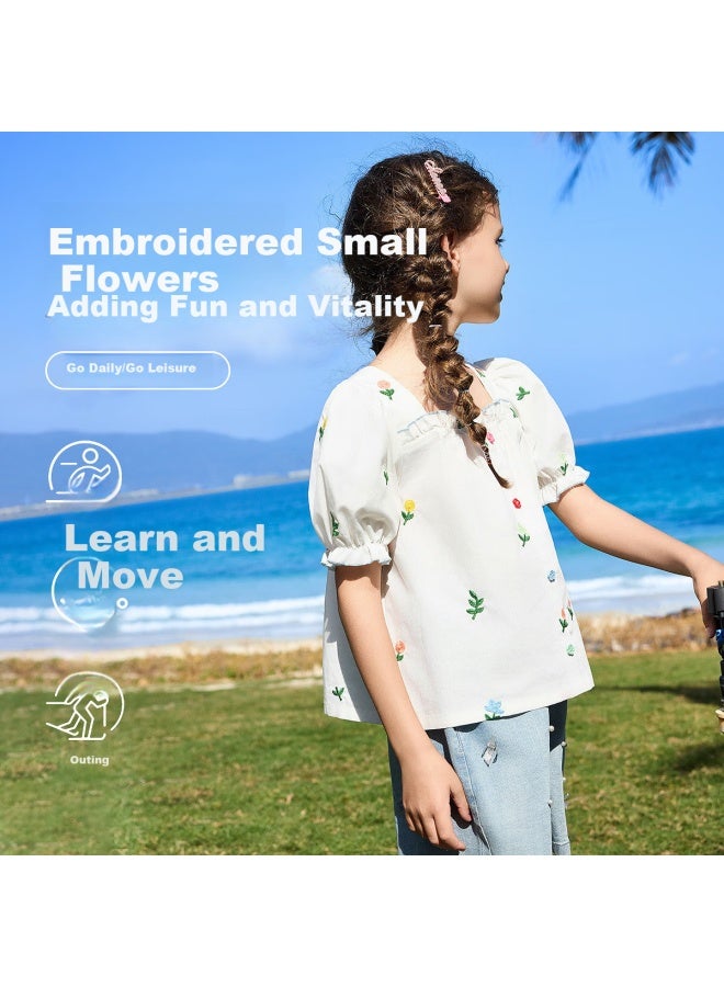 Ask Junior Children's Short-sleeve Shirt, Summer Puff Sleeve Blouse, Big Kids Ruffle Edge Embroidered Top For Girls, White, Size 110 - Image 4