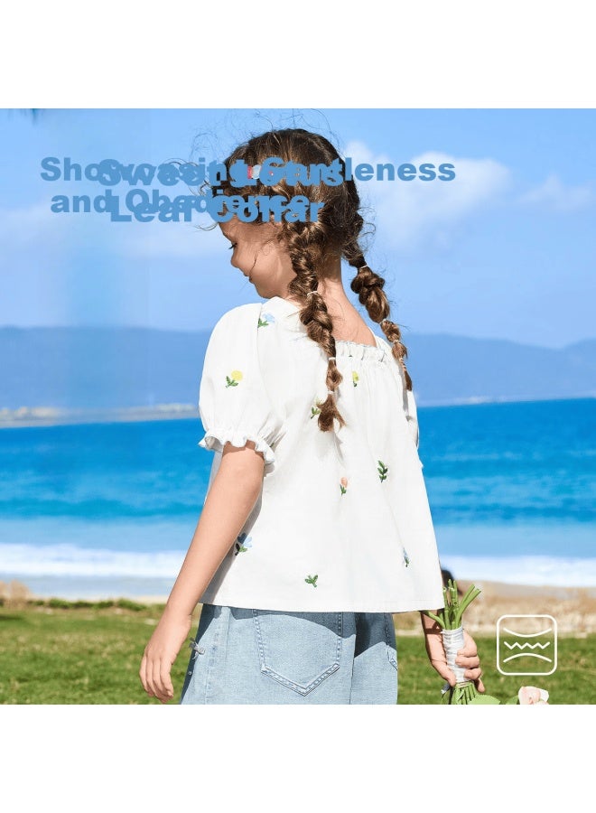 Ask Junior Children's Short-sleeve Shirt, Summer Puff Sleeve Blouse, Big Kids Ruffle Edge Embroidered Top For Girls, White, Size 110 - Image 2