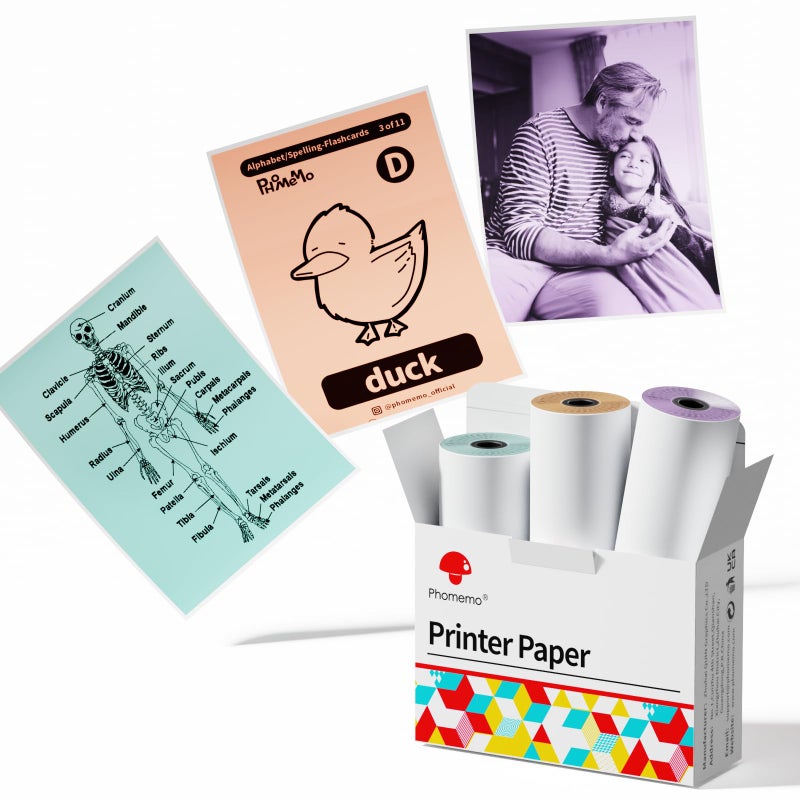 Phomemo Colorful Thermal Sticker Paper M02/M02 Pro/M02S/M03 Mini Printer, Black Character on Mint Green/Purple/Orange, 50mm x 3.5m, Diameter 30mm, 3 Rolls - Image 1