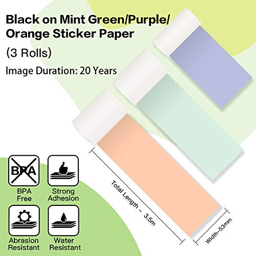 Phomemo Colorful Thermal Sticker Paper M02/M02 Pro/M02S/M03 Mini Printer, Black Character on Mint Green/Purple/Orange, 50mm x 3.5m, Diameter 30mm, 3 Rolls - Image 2