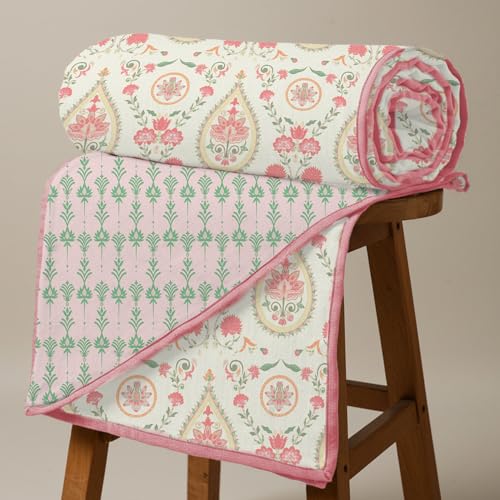Urban Space 100% Cotton Malmal Double Bed Dohar, All Season Reversible Blanket, Soft, Lightweight and Breathable Ac Dohar/Quilt/Blanket/for Bed, Sofa AC Blanket (86 x 95 inch, Persian Courtyard Peach) - Image 1