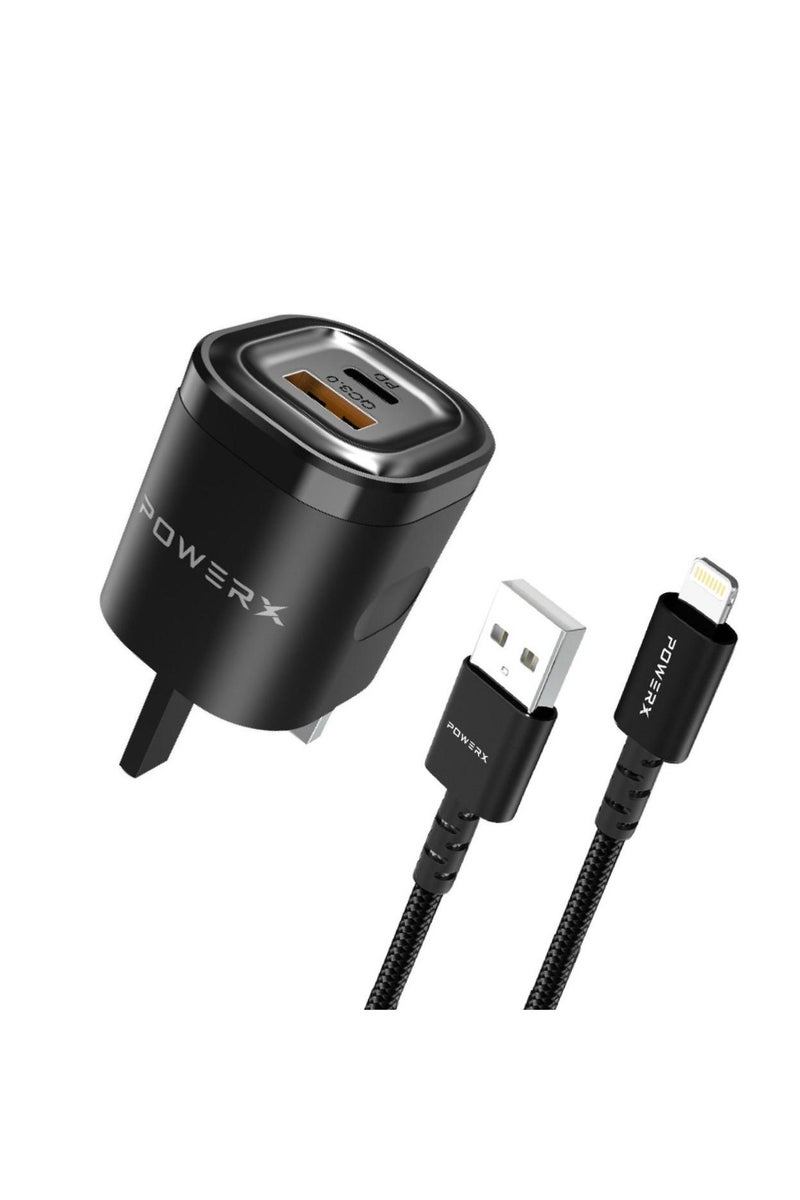 POWERX MOBAIL CHARGING  ADAPTER   HIGH SPEED  STABLE AND RELIABLE   OUT PUT : QC+PD (20W MAX)        CABLE LENGTH : 1 METER    CABLE : USB TO LIGHTNING      CABLE MATERIAL : ALUMINIUM ALLOY WITH NYLON BRAID - Image 1