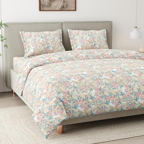 haus & kinder King Size Bed Sheet Cotton | 100% Combed Cotton 186 TC Bedsheets for King Size Bed |108 X 108 Inches Bedsheet with 2 Pillow Covers - Serenade of Flowers - Image 1