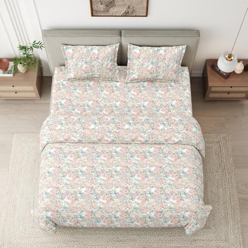 haus & kinder King Size Bed Sheet Cotton | 100% Combed Cotton 186 TC Bedsheets for King Size Bed |108 X 108 Inches Bedsheet with 2 Pillow Covers - Serenade of Flowers - Image 3