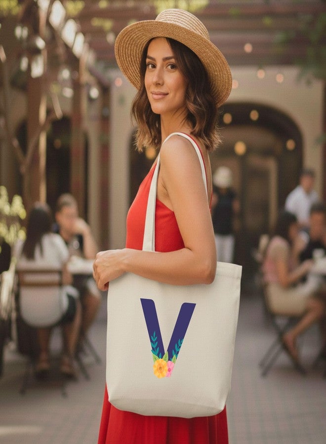 Roundsun Alphabet Printed Personalized Floral Print Horizontal Tote Bag Eco Friendly 380 GSM Canvas Natural Colour with Magnet Button Closure 16 Height 14 Width 3.5 Base Inches No Inner Pocket (V Alphabet) - Image 2