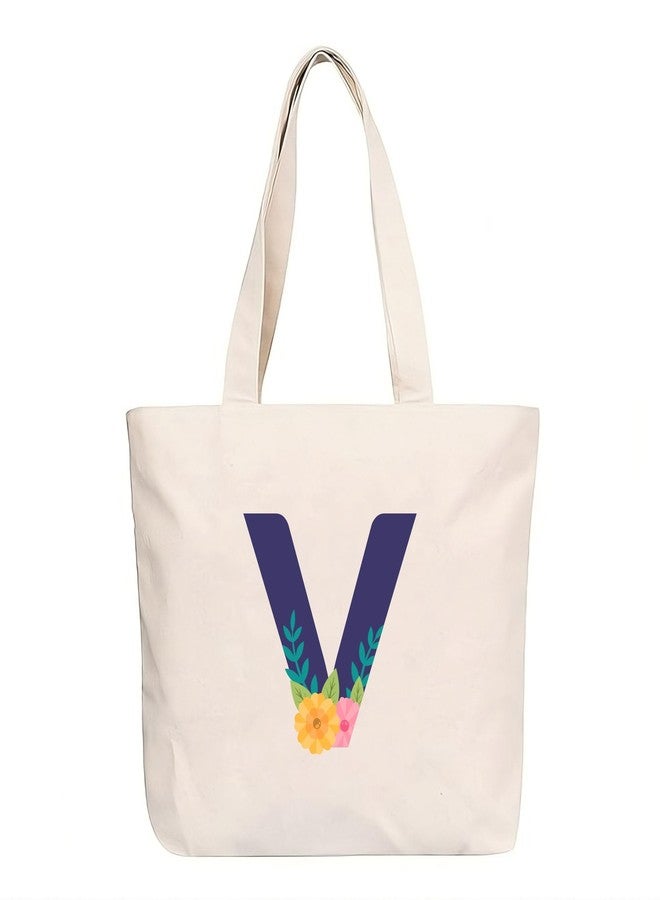 Roundsun Alphabet Printed Personalized Floral Print Horizontal Tote Bag Eco Friendly 380 GSM Canvas Natural Colour with Magnet Button Closure 16 Height 14 Width 3.5 Base Inches No Inner Pocket (V Alphabet) - Image 1